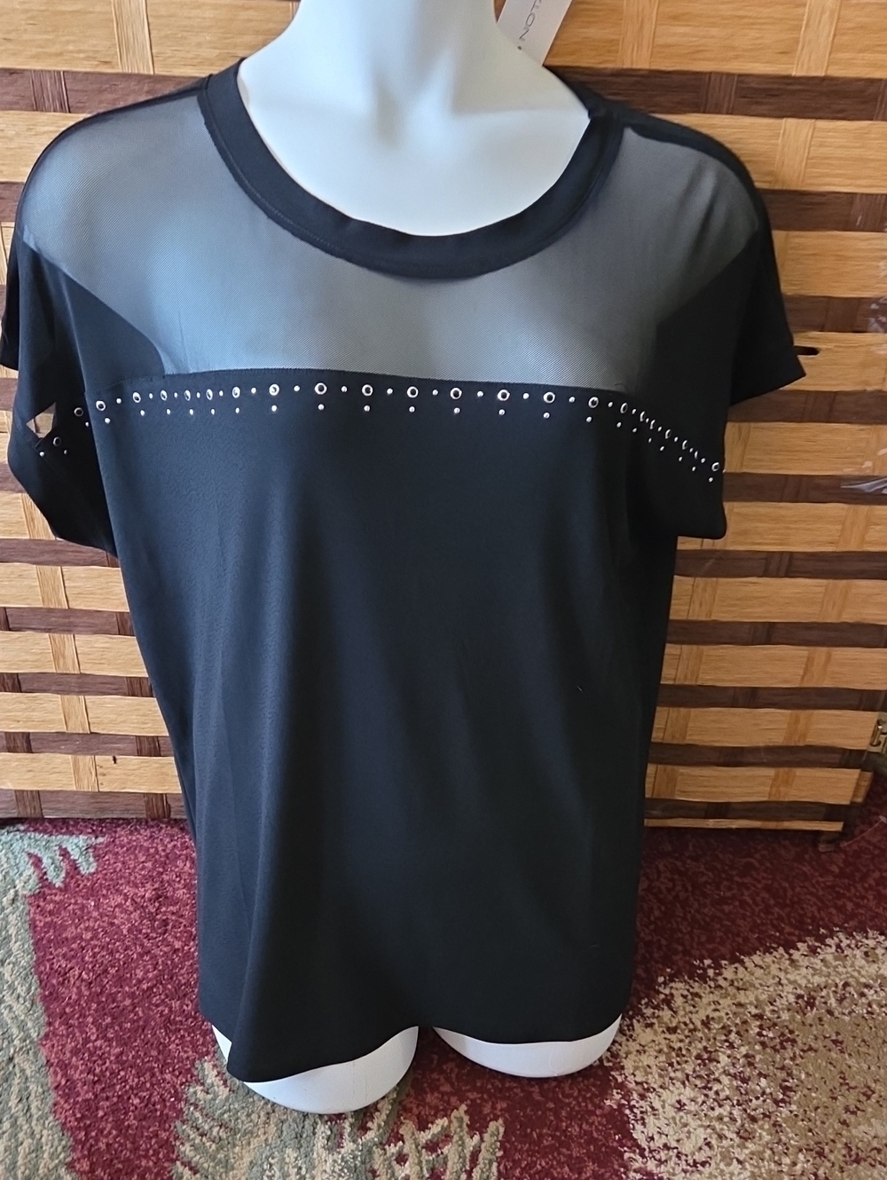 Notations Black Short Sleeve Top with Sheer Yoke and Studs